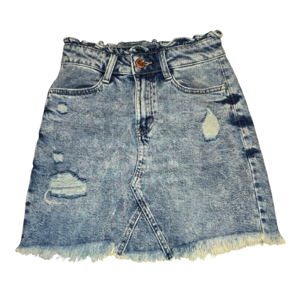 Ruffle Top Distressed Denim Mini Skirt with Front Pockets